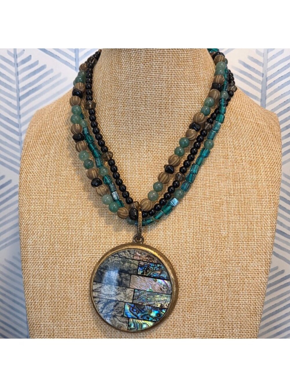 Chico’s Colorful Glass Beaded Necklace Abalone Gold Tone Medallion